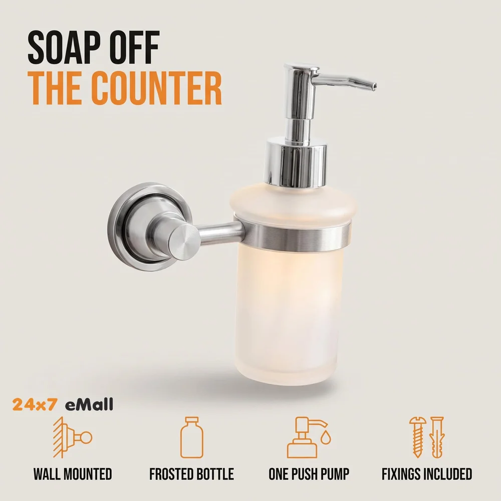 Chrome Liquid Soap Dispenser Wall Mounted Silver Colour Stainless Steel Stand and Glass Liquid Soap Dispenser for Bathroom and Wash Basin Hand wash Dispenser Bathroom Accessories