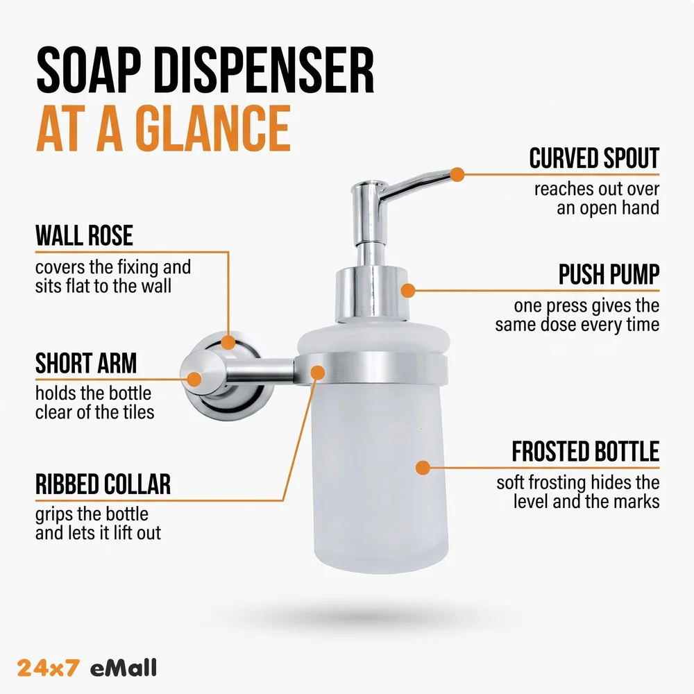 Chrome Liquid Soap Dispenser Wall Mounted Silver Colour Stainless Steel Stand and Glass Liquid Soap Dispenser for Bathroom and Wash Basin Hand wash Dispenser Bathroom Accessories