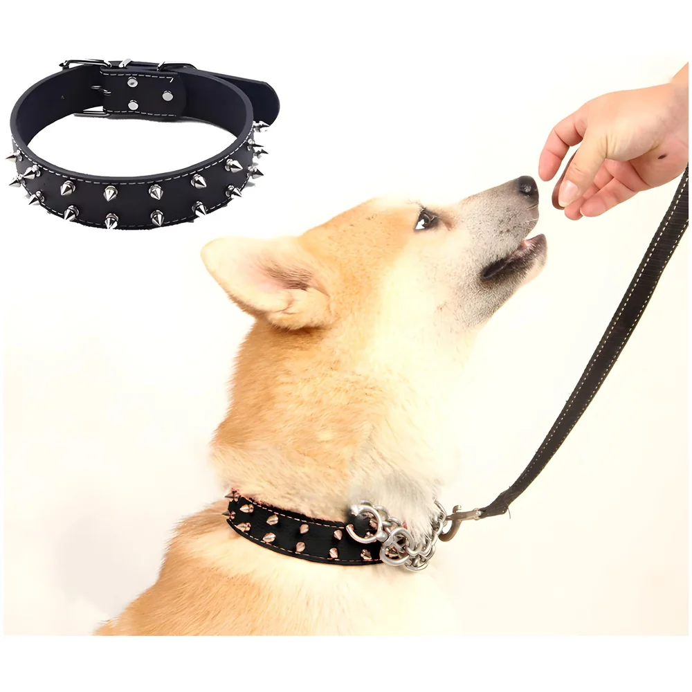 Spiked Dog Collar PU Leather Black 45-52 cm for Medium Large Dogs
