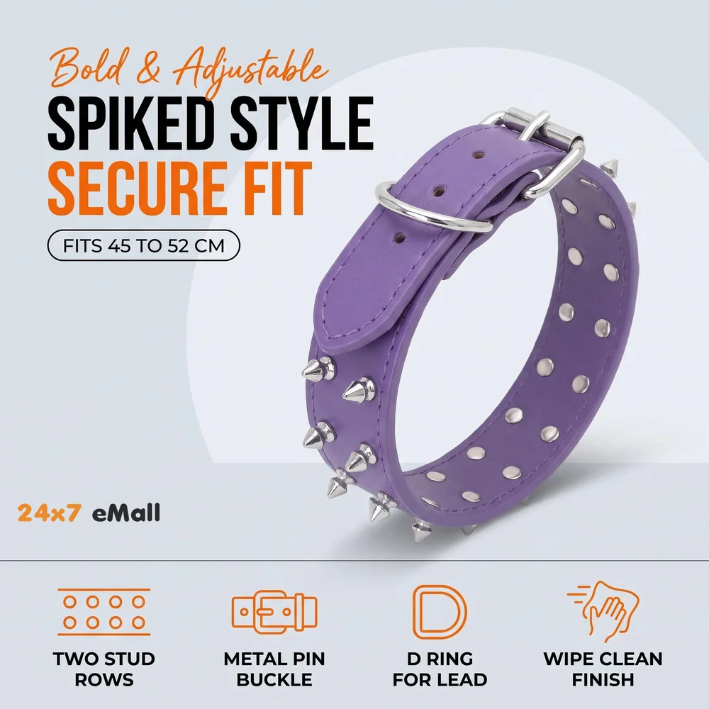 Spiked Dog Collar Purple Adjustable PU Leather Tactical for 52 cm to 45 Cm Neck Girth Spiked Thorn for Medium and Large Dogs Like Golden Retriever Labrador German Shepard Doberman