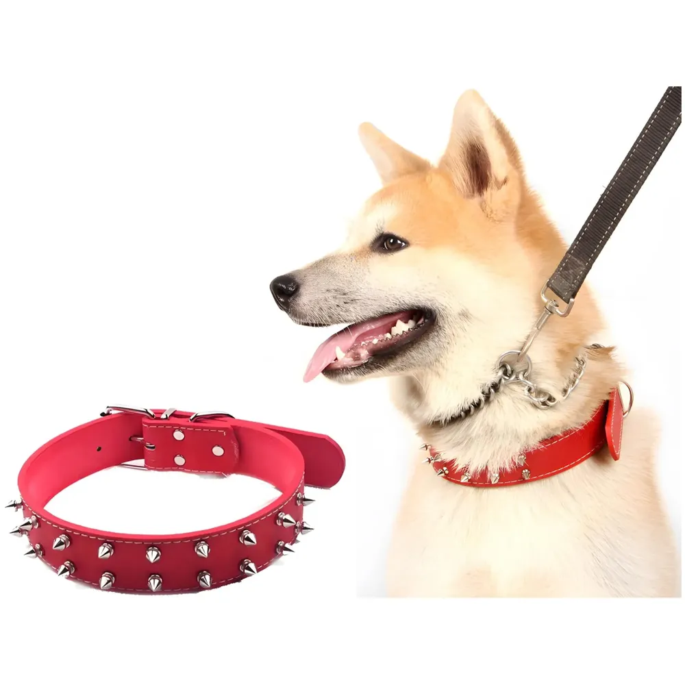 Spiked Dog Collar Red Adjustable PU Leather Tactical Metal Buckle for 52 cm to 45 Cm Neck Girth Spiked Thorn for Medium and Large Dogs Like Golden Retriever Labrador German Shepard Doberman