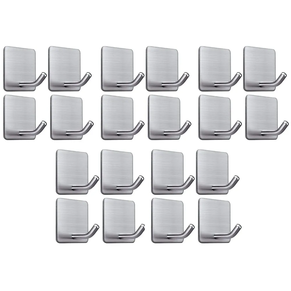 20 Pcs Self-Adhesive Hooks, Heavy Duty Stainless Steel Waterproof Towel Hooks Stick on Hooks Wall Hangers Sticky Hooks for Hanging Bathroom Kitchen Home Clothes Hook (20)