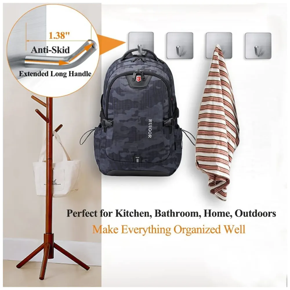 4 Pcs Self-Adhesive Hooks, Heavy Duty Stainless Steel Waterproof Towel Hooks Stick on Hooks Wall Hangers Sticky Hooks for Hanging Bathroom Kitchen Home Clothes Hook (4)