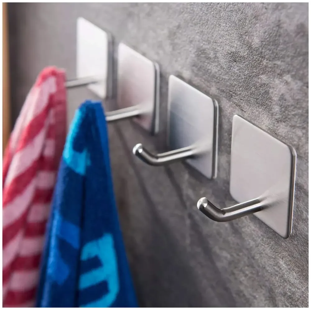 4 Pcs Self-Adhesive Hooks, Heavy Duty Stainless Steel Waterproof Towel Hooks Stick on Hooks Wall Hangers Sticky Hooks for Hanging Bathroom Kitchen Home Clothes Hook (4)