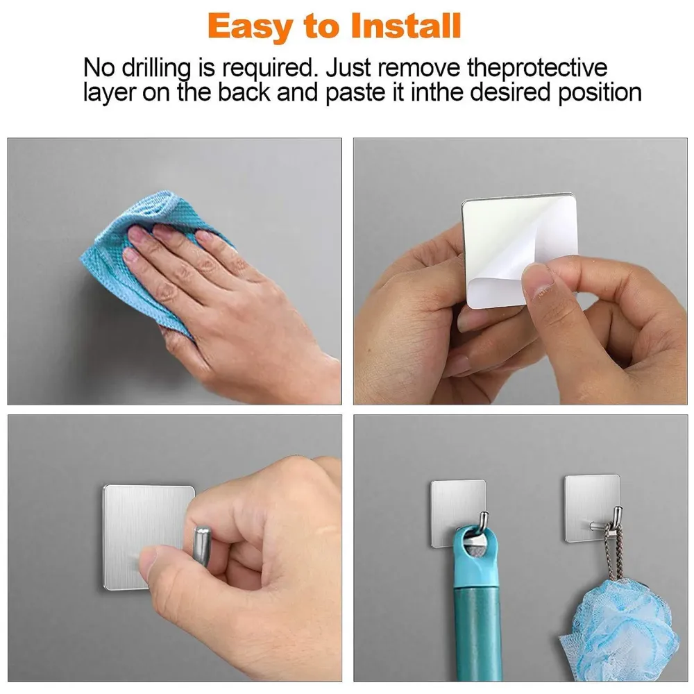 8 Pcs Self-Adhesive Hooks, Heavy Duty Stainless Steel Waterproof Towel Hooks Stick on Hooks Wall Hangers Sticky Hooks for Hanging Bathroom Kitchen Home Clothes Hook (8)