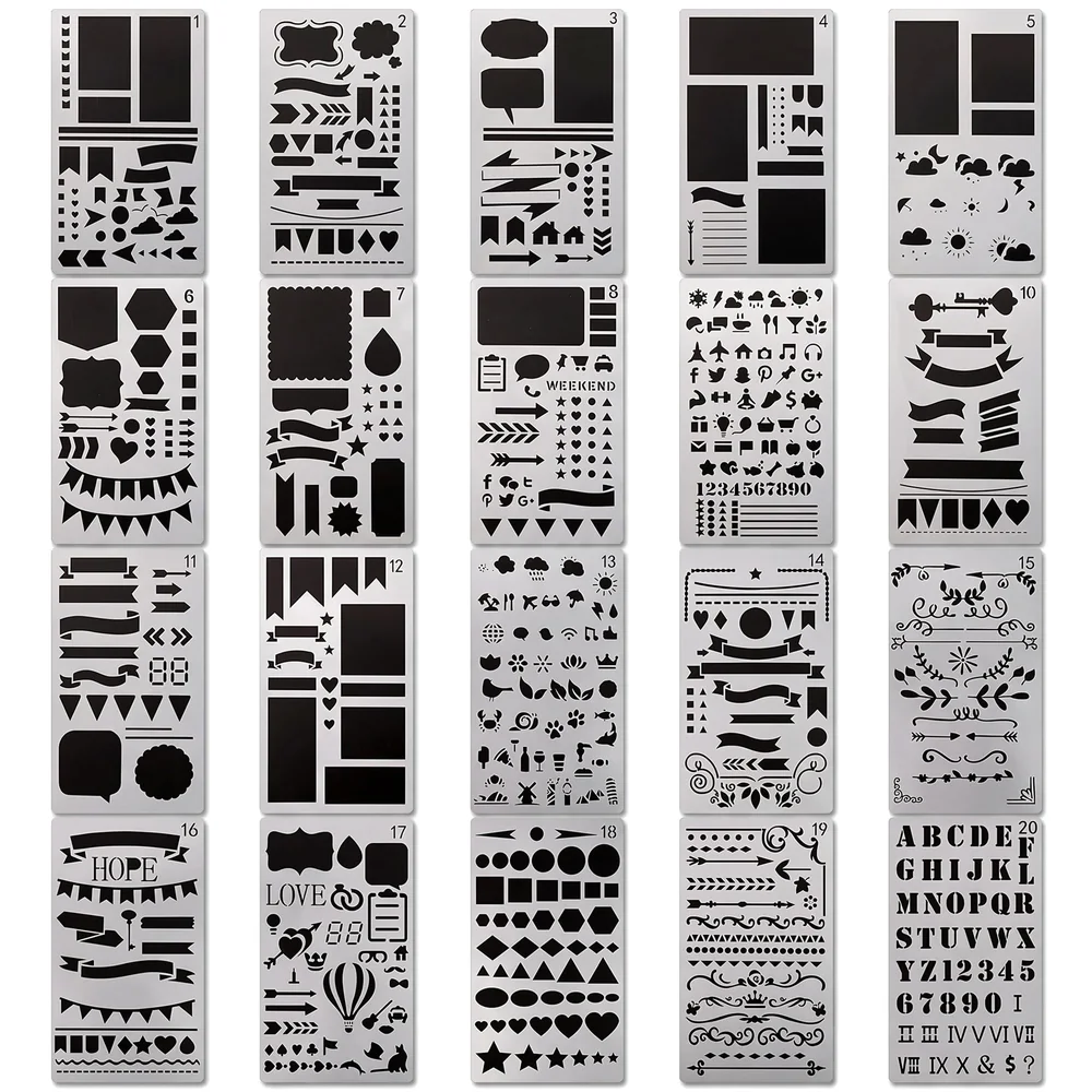 20 PCS Journal Stencil Plastic Planner Set for 4x7-inch Journal, Notebook, Diary, Scrapbook, and DIY Drawing Templates