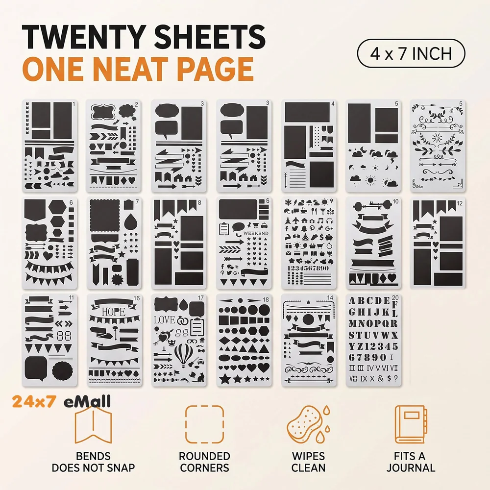 20 PCS Journal Stencil Plastic Planner Set for 4x7-inch Journal, Notebook, Diary, Scrapbook, and DIY Drawing Templates