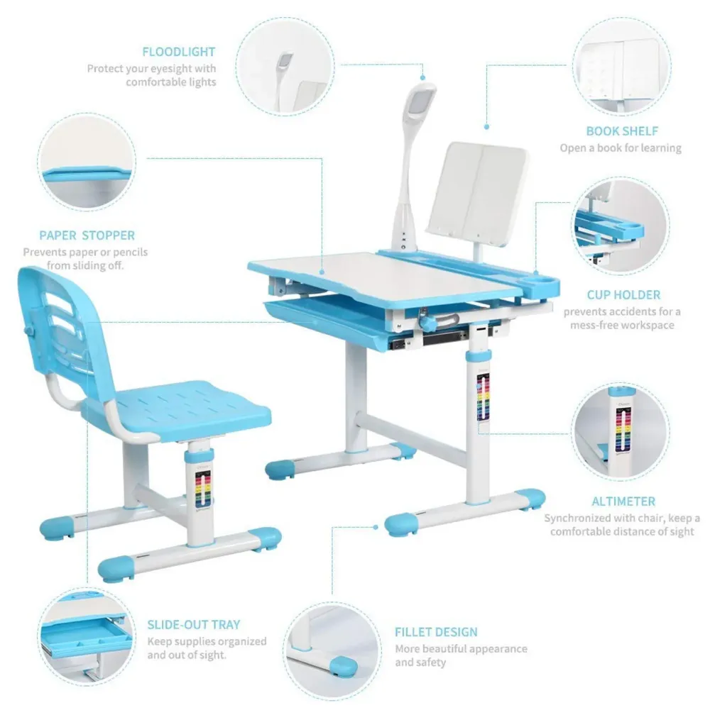 Kids Desk and Chair Set, Height Adjustable Children Study Table Tiltable Anti-Reflective Tabletop, Bookstand, Pull-Out Drawer Storage and Touch Led for School Students (Adjustable, Blue)