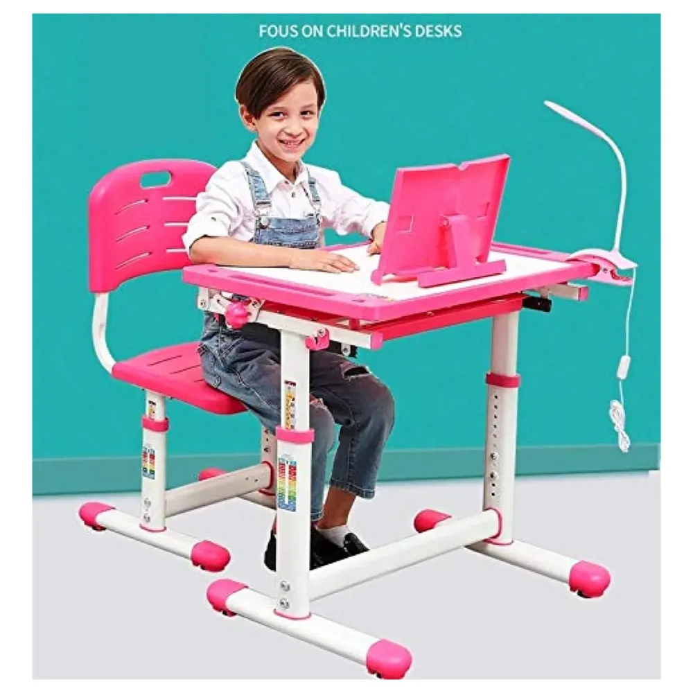 Kids Desk and Chair Set, Height Adjustable Children Study Table Tiltable Anti-Reflective Tabletop, Bookstand, Pull-Out Drawer Storage and Touch Led for School Students (Adjustable, Pink)