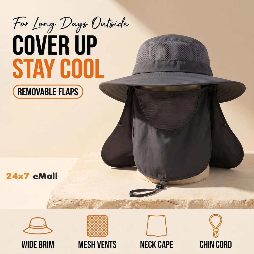 Black Hat Sun Hat Fishing 360°UV Outdoor Sun Protection, Summer Unisex Cap Removable Neck Face Mask Head for Gardening, Beach, Boating, Fishing. Black