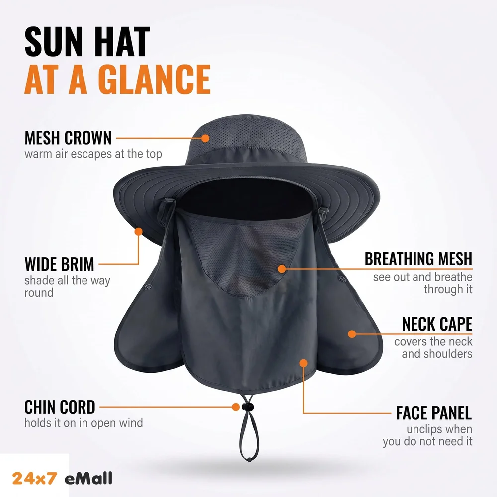 Black Hat Sun Hat Fishing 360°UV Outdoor Sun Protection, Summer Unisex Cap Removable Neck Face Mask Head for Gardening, Beach, Boating, Fishing. Black
