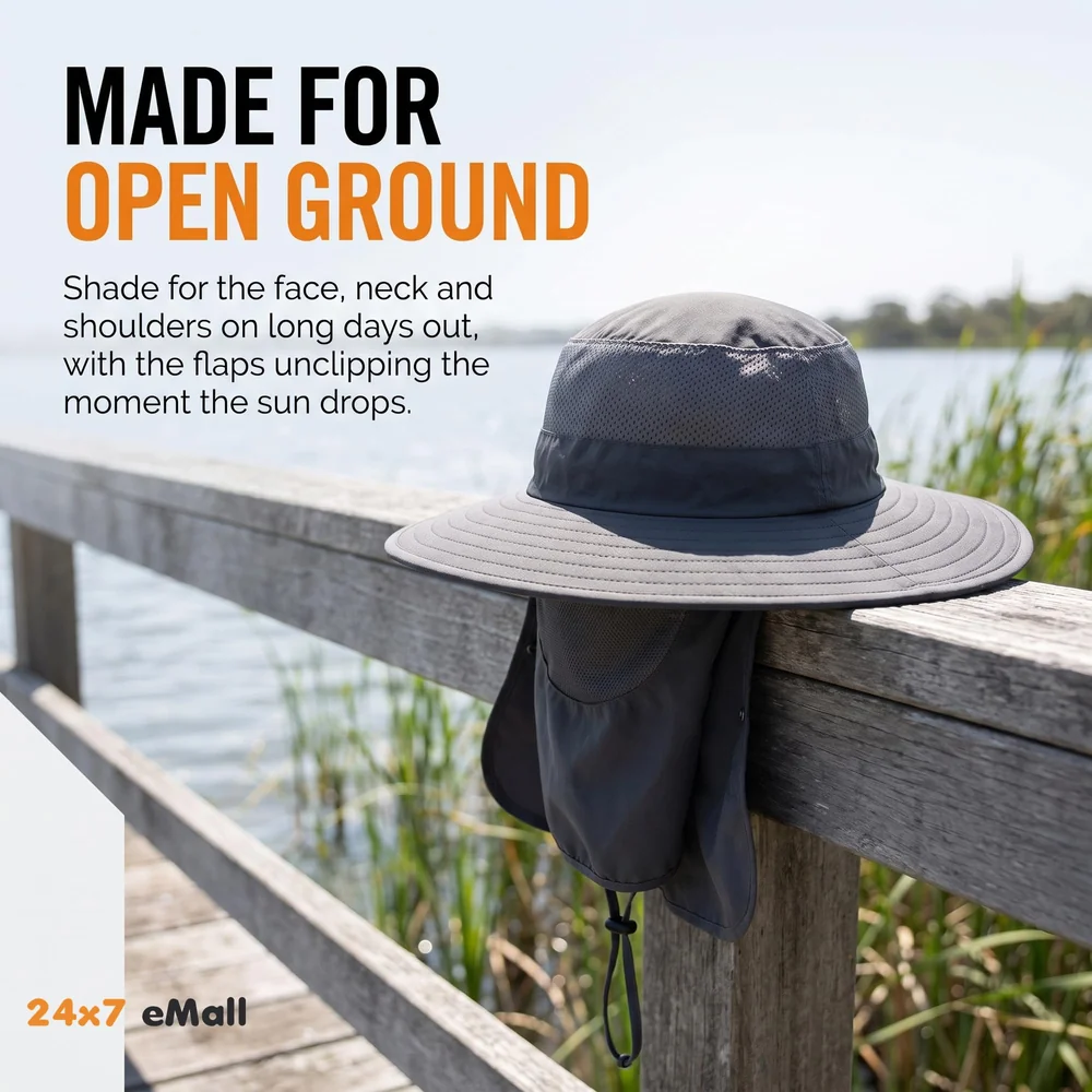 Black Hat Sun Hat Fishing 360°UV Outdoor Sun Protection, Summer Unisex Cap Removable Neck Face Mask Head for Gardening, Beach, Boating, Fishing. Black