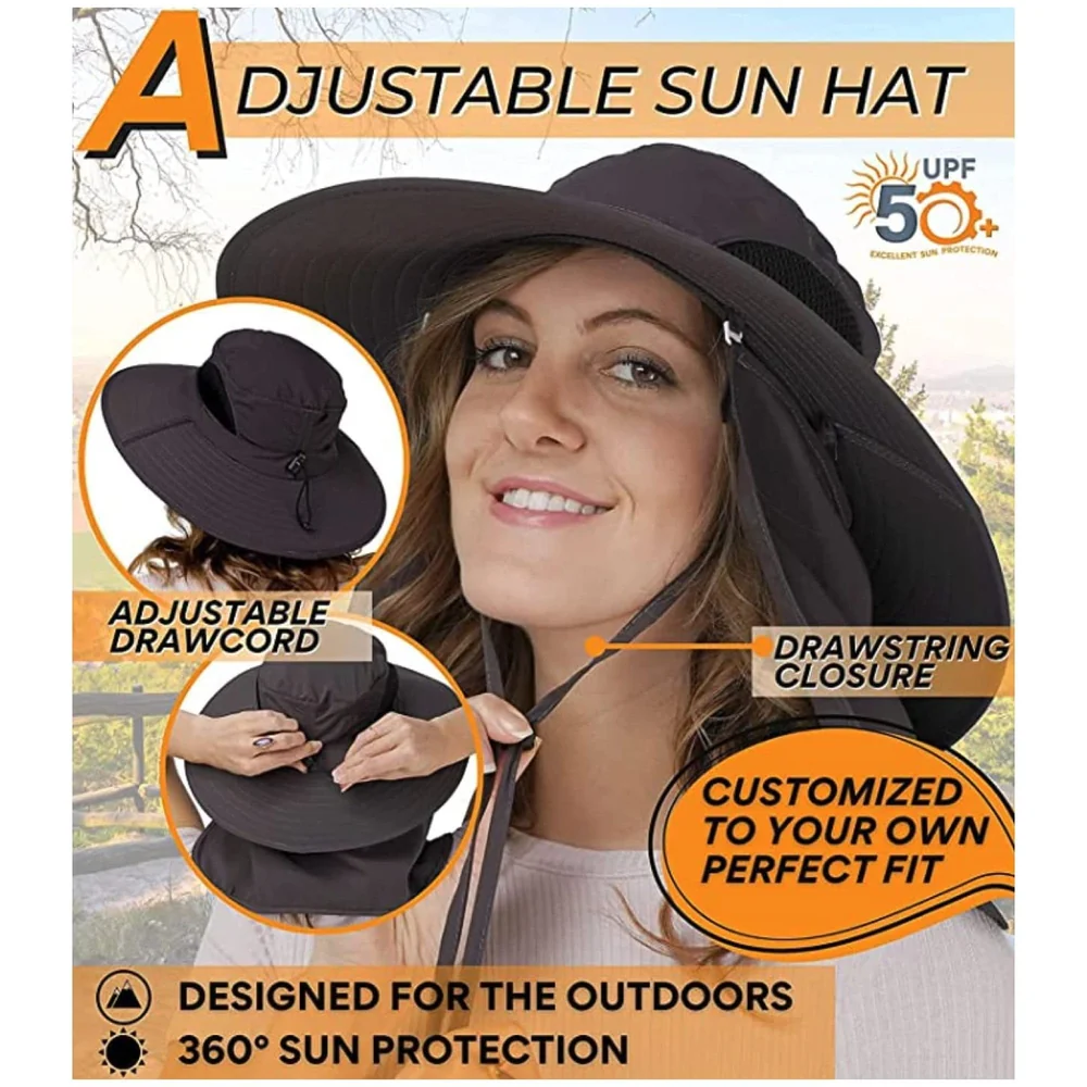 Black Hat Sun Hat Fishing 360°UV Outdoor Sun Protection, Summer Unisex Cap Removable Neck Face Mask Head for Gardening, Beach, Boating, Fishing. Black