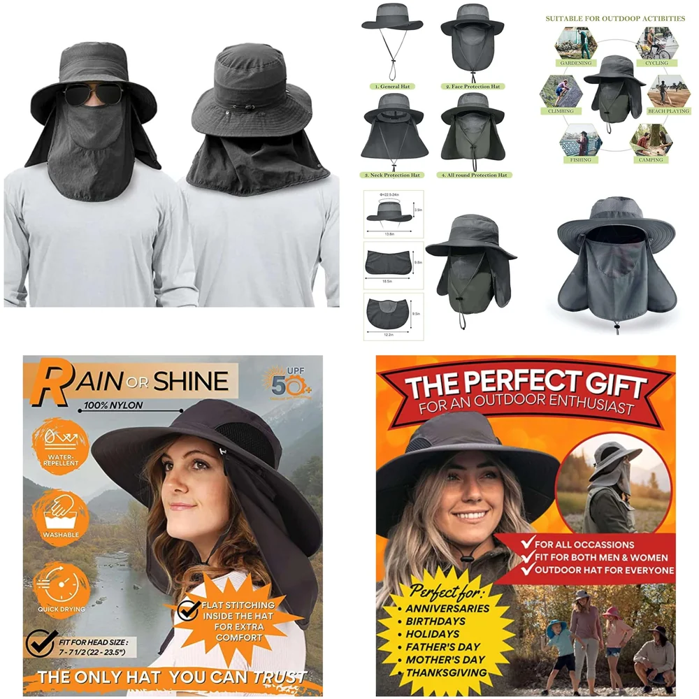 Black Hat Sun Hat Fishing 360°UV Outdoor Sun Protection, Summer Unisex Cap Removable Neck Face Mask Head for Gardening, Beach, Boating, Fishing. Black