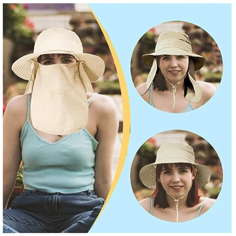 Fishing Hat, Sun Hat, 360°UV Outdoor Sun Protection, Summer Unisex Cap Removable Neck Face Mask Head for Gardening, Beach, Boating, Fishing. Beige