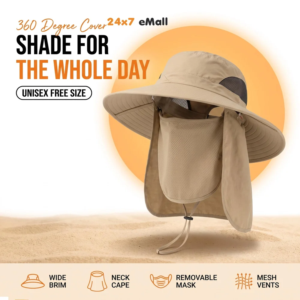 Fishing Hat, Sun Hat, 360°UV Outdoor Sun Protection, Summer Unisex Cap Removable Neck Face Mask Head for Gardening, Beach, Boating, Fishing. Beige