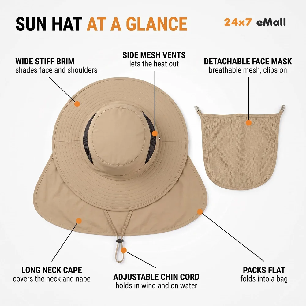 Fishing Hat, Sun Hat, 360°UV Outdoor Sun Protection, Summer Unisex Cap Removable Neck Face Mask Head for Gardening, Beach, Boating, Fishing. Beige