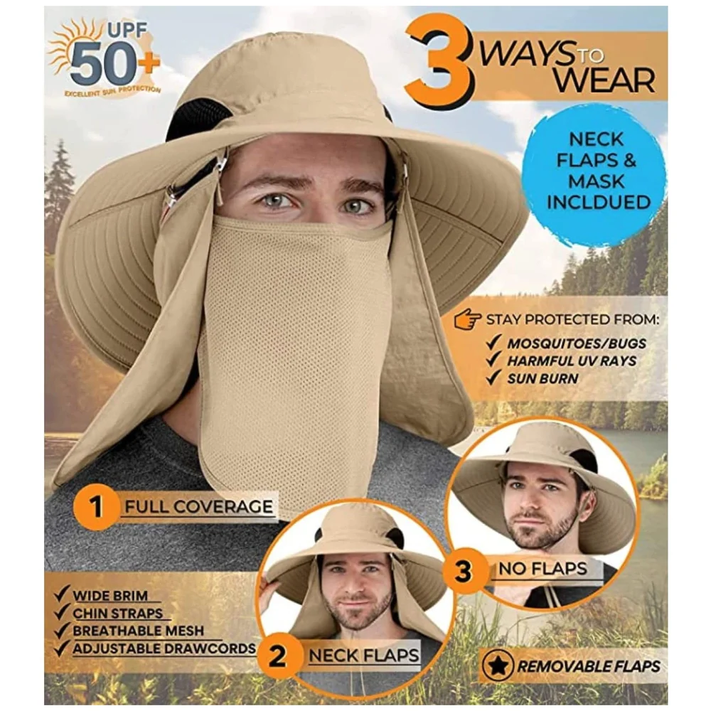 Fishing Hat, Sun Hat, 360°UV Outdoor Sun Protection, Summer Unisex Cap Removable Neck Face Mask Head for Gardening, Beach, Boating, Fishing. Beige