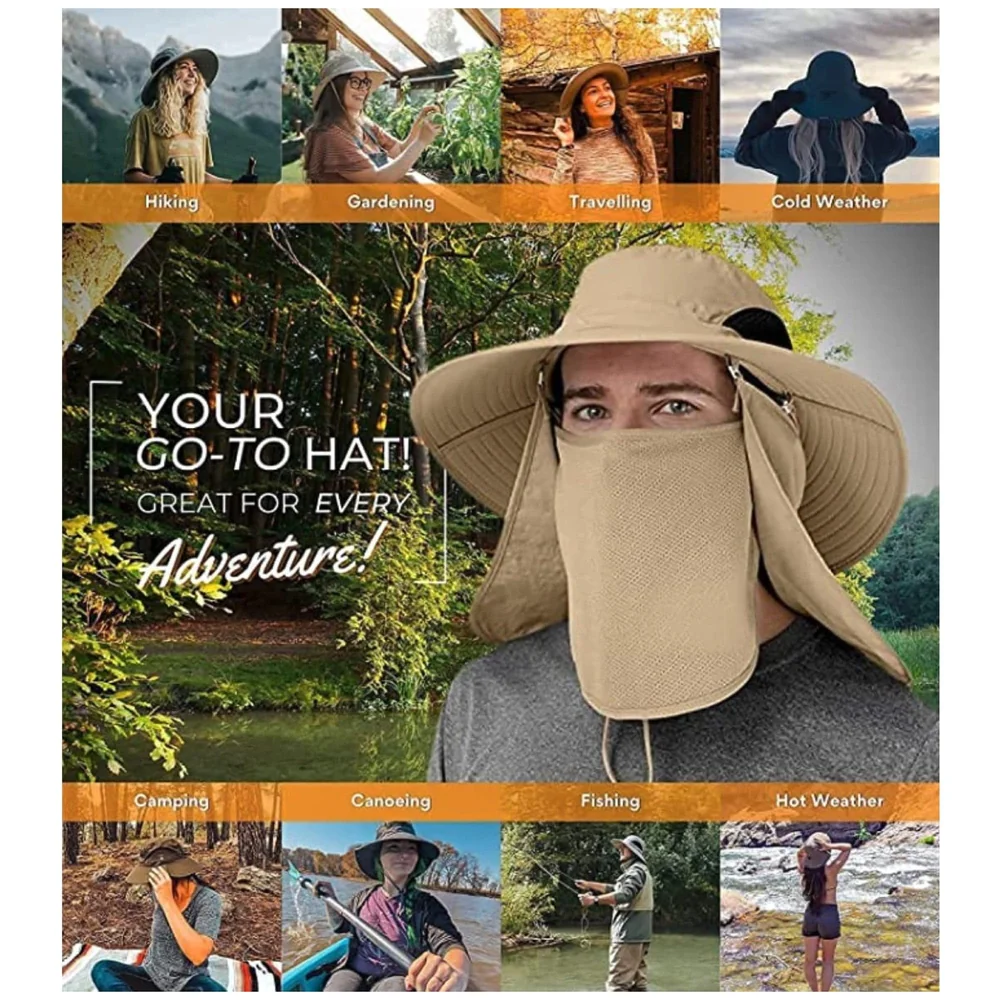 Fishing Hat, Sun Hat, 360°UV Outdoor Sun Protection, Summer Unisex Cap Removable Neck Face Mask Head for Gardening, Beach, Boating, Fishing. Beige