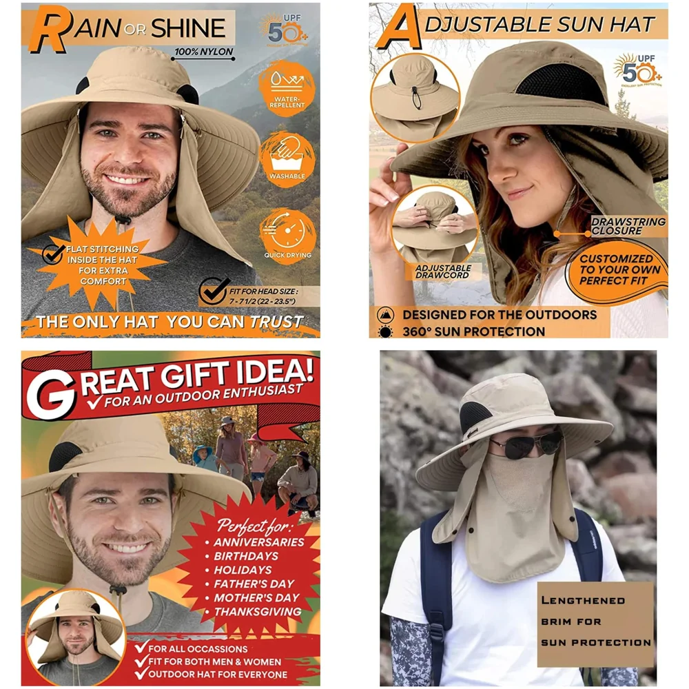 Fishing Hat, Sun Hat, 360°UV Outdoor Sun Protection, Summer Unisex Cap Removable Neck Face Mask Head for Gardening, Beach, Boating, Fishing. Beige