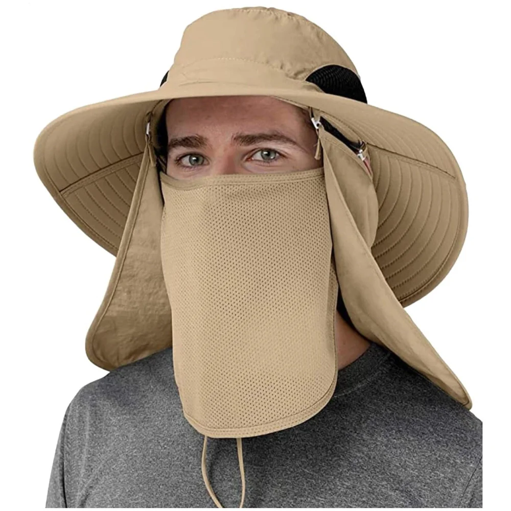 Beige Outdoor Sun Hat Cap 360 UV Protection Removable Neck Face