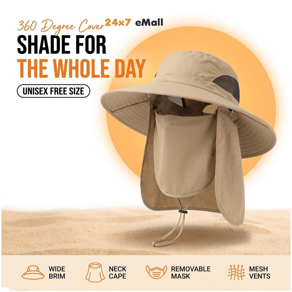 Beige Outdoor Sun Hat Cap 360 UV Protection Removable Neck Face