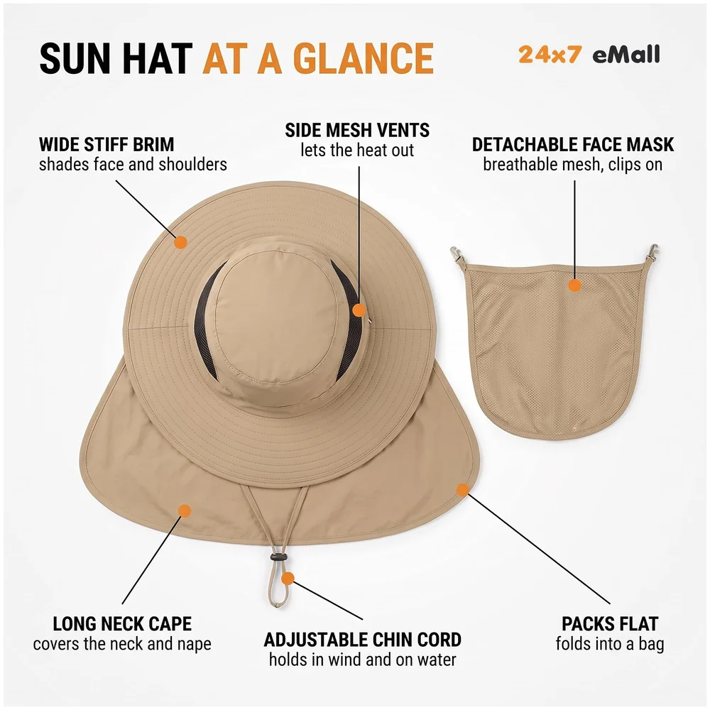 Beige Outdoor Sun Hat Cap 360 UV Protection Removable Neck Face