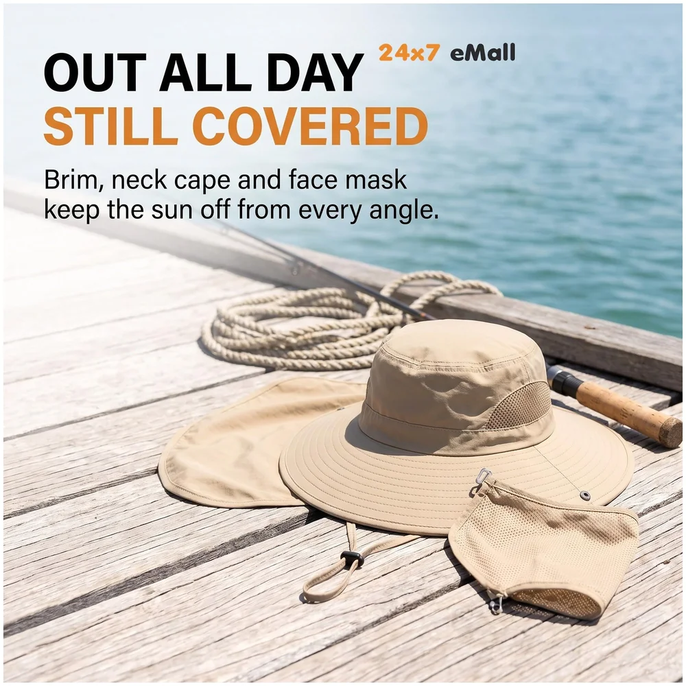 Beige Outdoor Sun Hat Cap 360 UV Protection Removable Neck Face