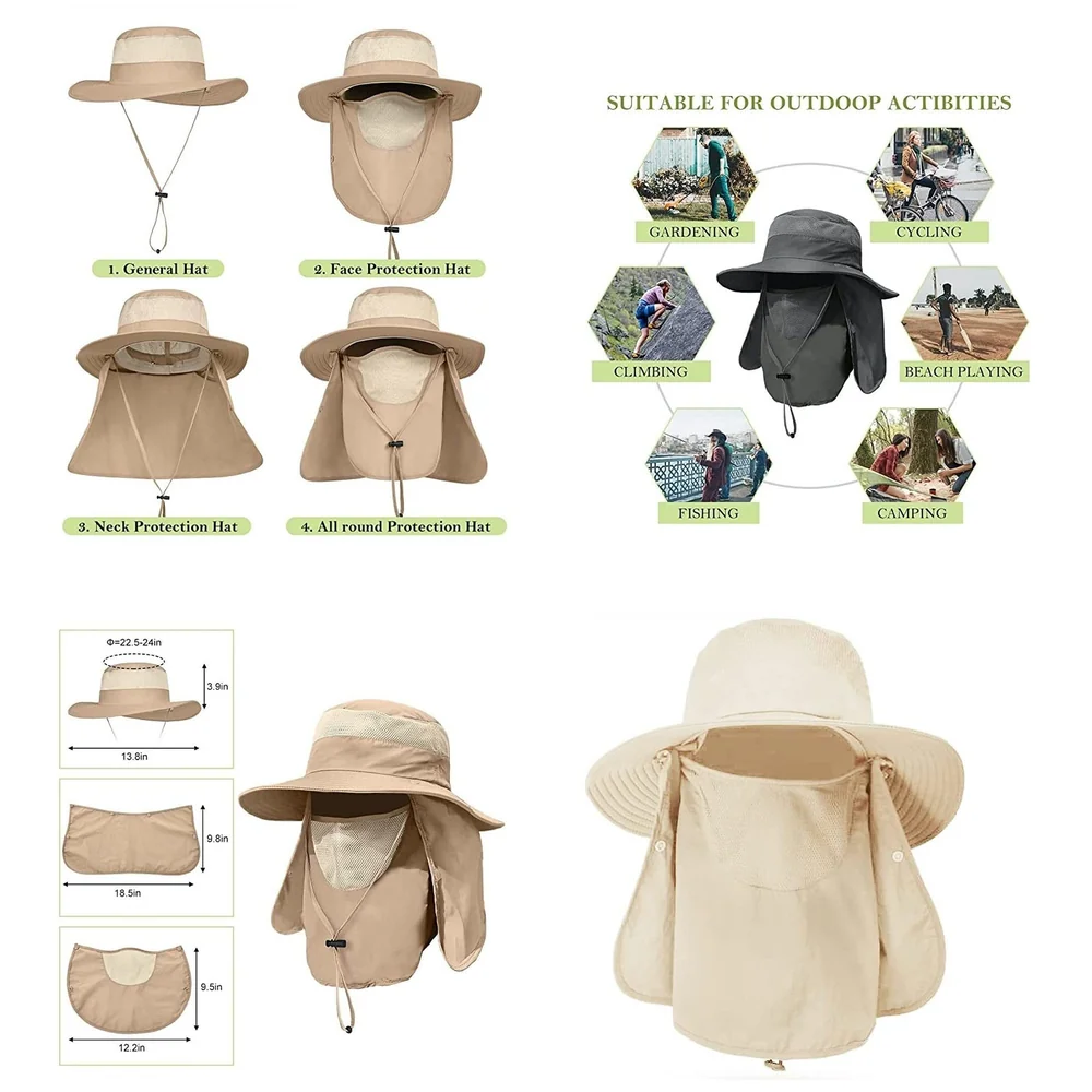 Beige Outdoor Sun Hat Cap 360 UV Protection Removable Neck Face