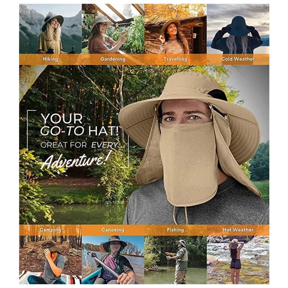Beige Outdoor Sun Hat Cap 360 UV Protection Removable Neck Face