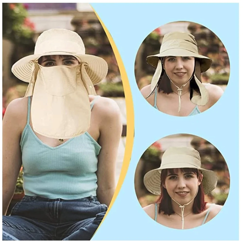 Beige Outdoor Sun Hat Cap 360 UV Protection Removable Neck Face