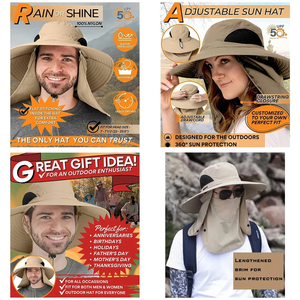 Beige Outdoor Sun Hat Cap 360 UV Protection Removable Neck Face