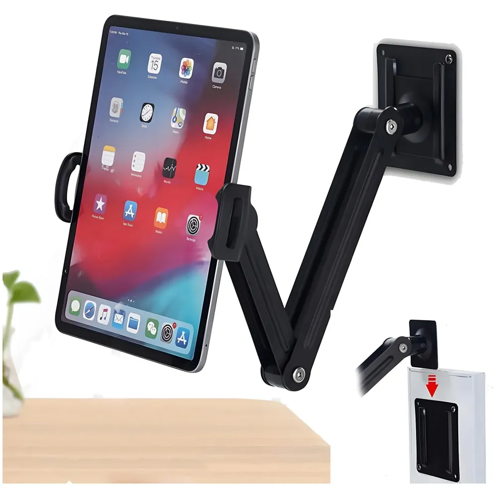 2 Arms Adjustable Wall Mount Phone and Tablet Stand Holder, Black (Upto 13 Inch Tablets), for Home Shops Commercial Spaces