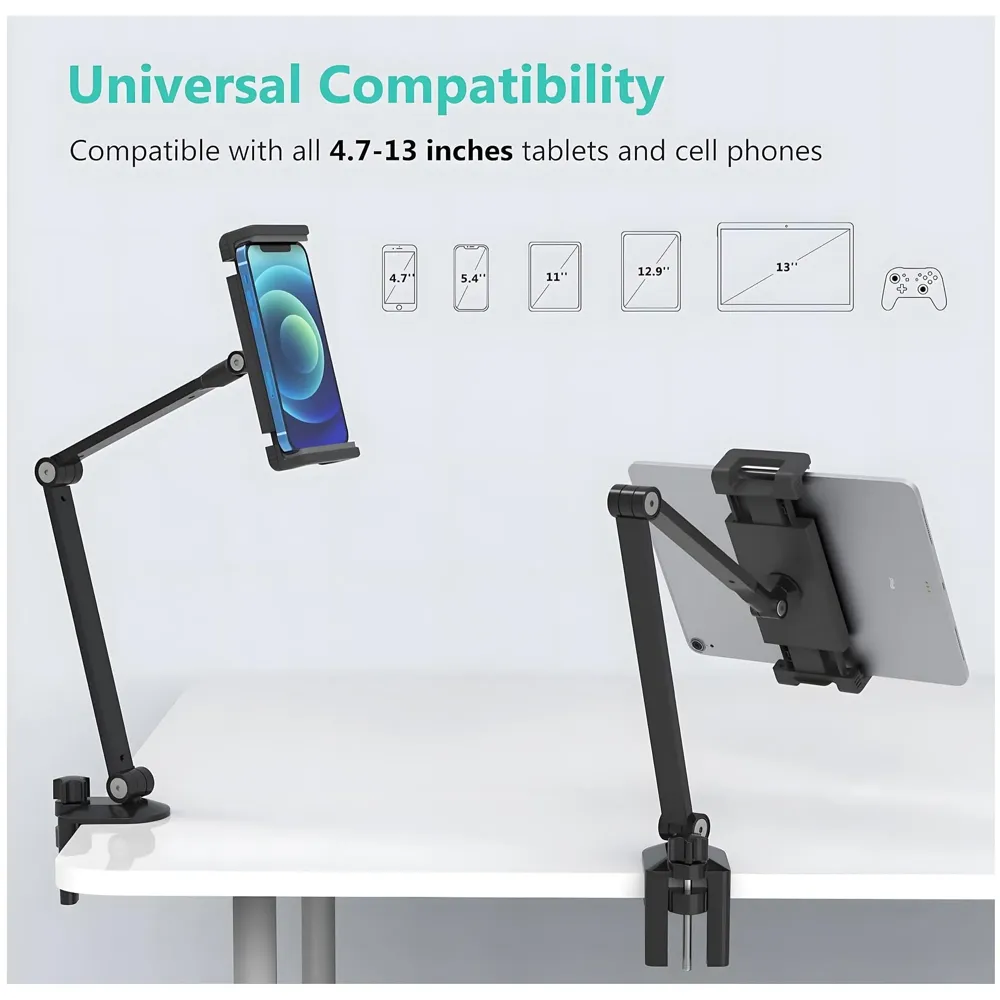 Desk Mount Tablet Holder for Phones and Tablets 4.7inch - 13 inches for Home Office Shops Cafes Commercial uses Table Mount Shelf Mount Tablet Bracket.