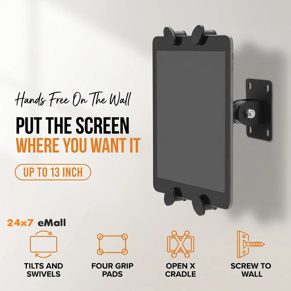 Adjustable Wall Mount Phone and Tablet Stand Holder, Black (Upto 13 Inch Tablets)