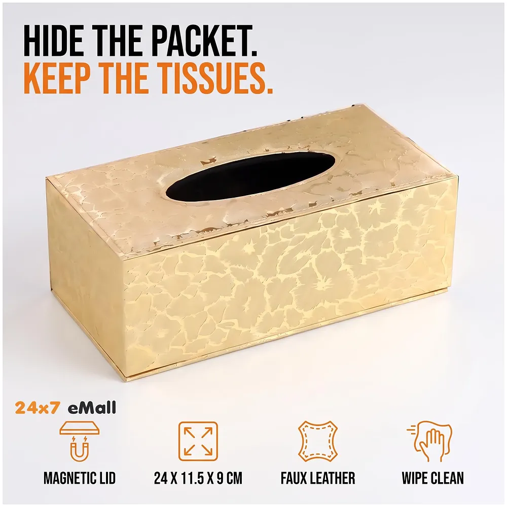 Gold Faux Leather Magnetic Tissue Box Holder 24 x 11.5 x 9 cm