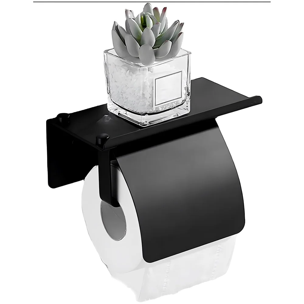 Black Toilet Paper Roll Holder with Shelf and Cover Stainless Bath