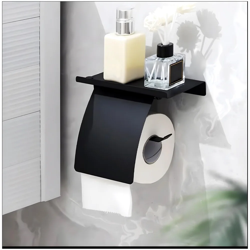 Black Toilet Paper Roll Holder with Shelf and Cover Stainless Bath