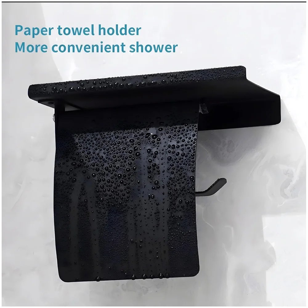 Black Toilet Paper Roll Holder with Shelf and Cover Stainless Bath