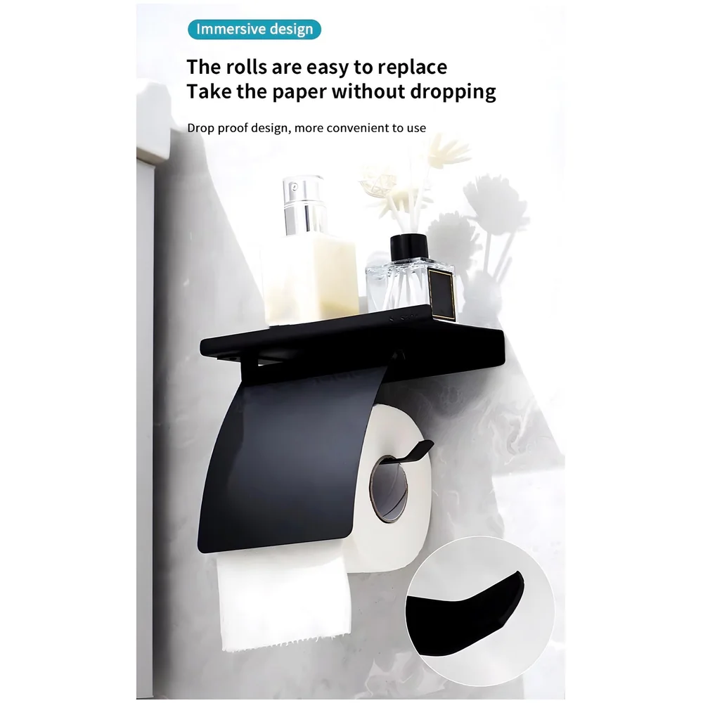 Black Toilet Paper Roll Holder with Shelf and Cover Stainless Bath