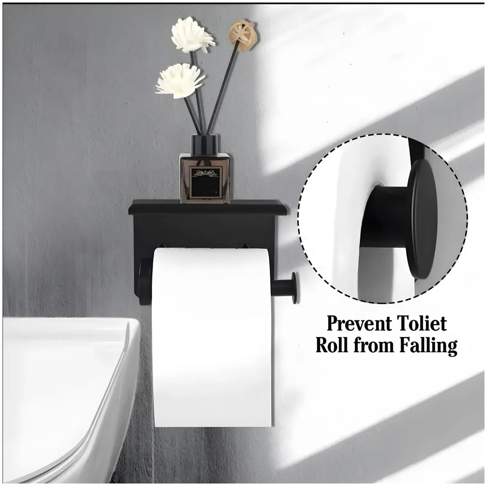 Black Toilet Paper Roll Holder with Shelf SS Material with Phone Holder Or Decorations for Bathrooms and Toilets 17.5cm X 8cm
