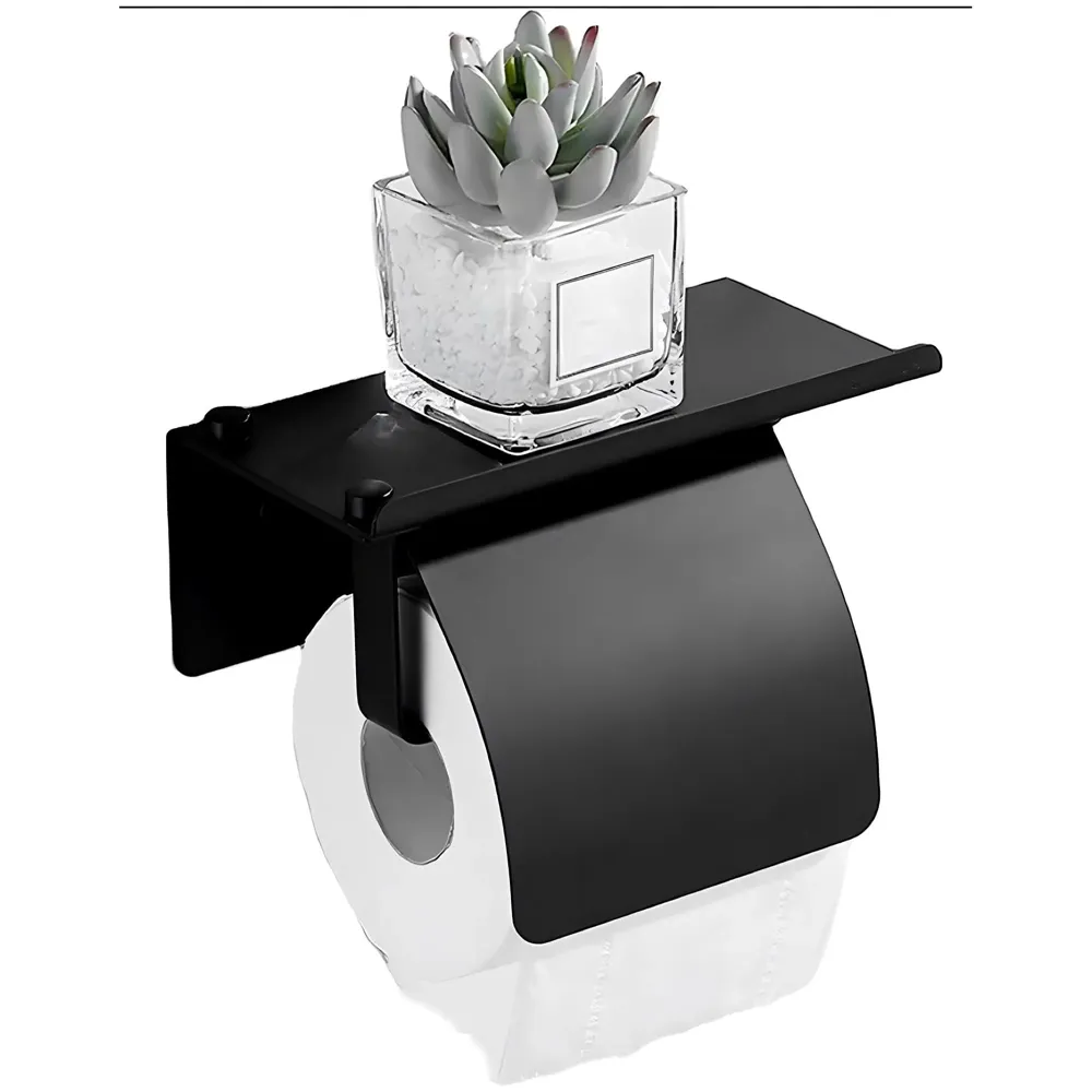 Black Toilet Paper Roll Holder with Shelf and Cover SS Material with Phone Holder Or Decorations for Bathrooms and Toilets 18cm X 7.2cm