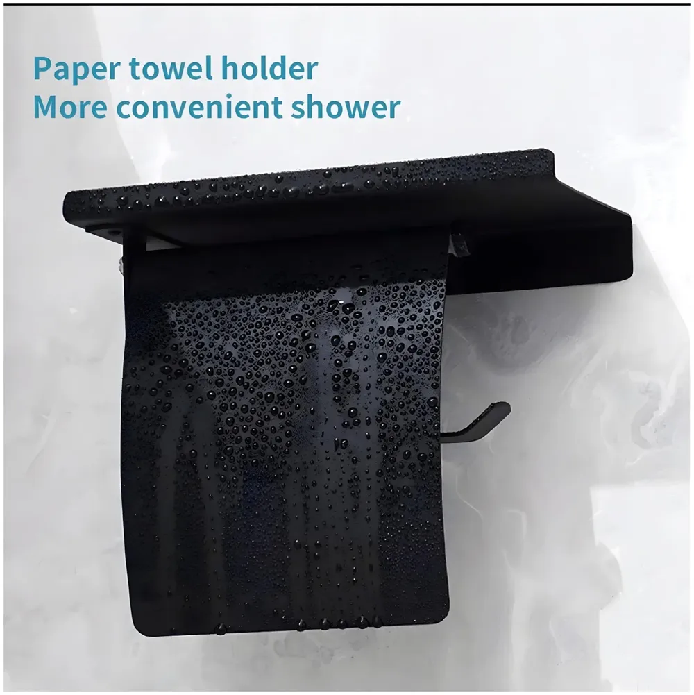 Black Toilet Paper Roll Holder with Shelf and Cover SS Material with Phone Holder Or Decorations for Bathrooms and Toilets 18cm X 7.2cm