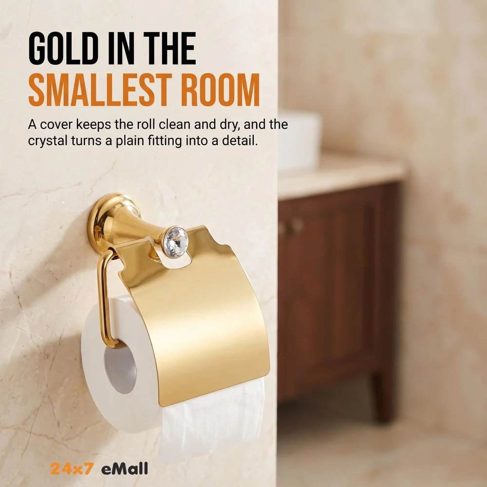 Gold Toilet Paper Holder with Cover SS Material with Victorian Design for Bathrooms and Toilets 18cm X 7.2cm
