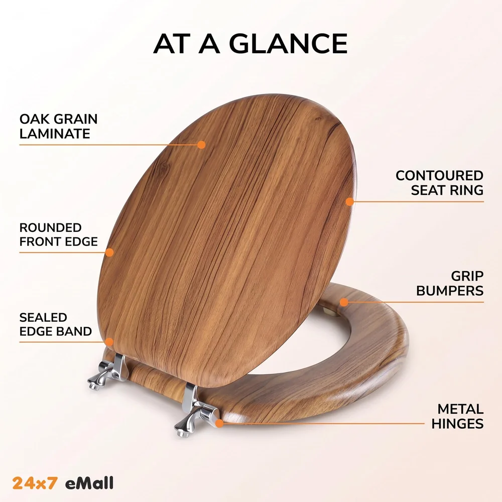 Wooden Finish Regular Conventional Design Commode Toilet Seat Cover, Comfortable, MDF Wood, Metal Hinges, Wood Toilet Seat Cover (Natural oak)