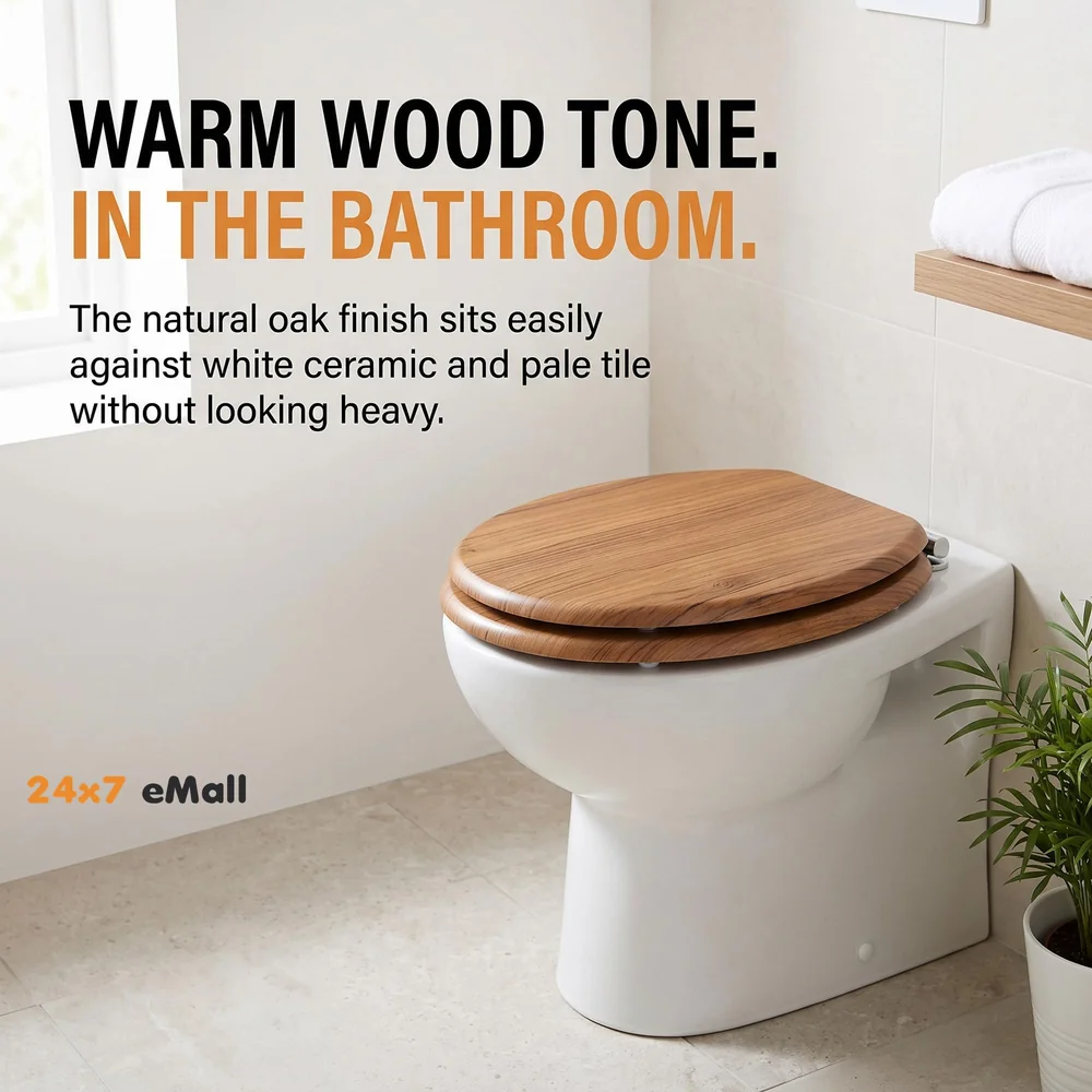 Wooden Finish Regular Conventional Design Commode Toilet Seat Cover, Comfortable, MDF Wood, Metal Hinges, Wood Toilet Seat Cover (Natural oak)