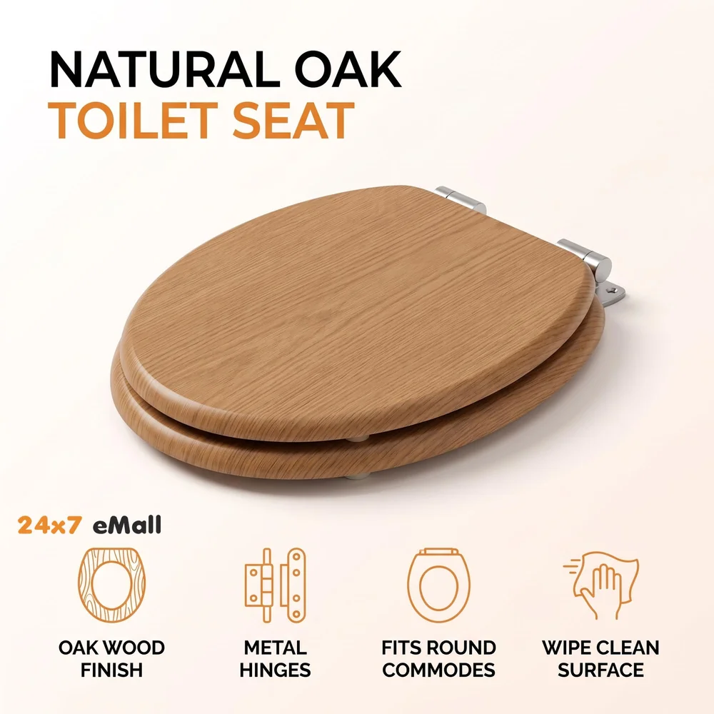 Wooden Finish Regular Conventional Design Commode Toilet Seat Cover, Comfortable, MDF Wood, Metal Hinges, Wood Toilet Seat Cover (Natural oak)