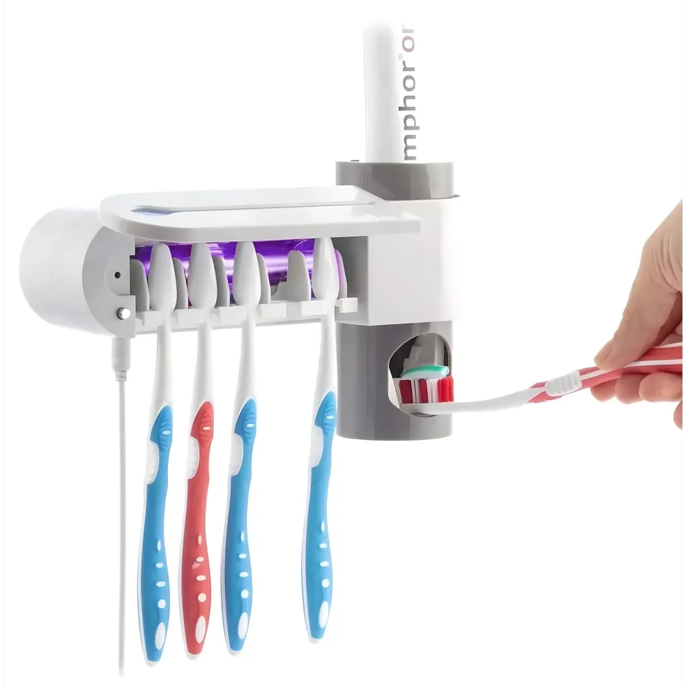 UV Sanitizer Toothbrush Holder And Squeezer Cleaner With UV Disinfectant And Fan Drying Storage Set, 4 Toothbrush Slots, Plug In USB Bathroom Wall Mounted Fit Automatic And Manual Toothbrushes