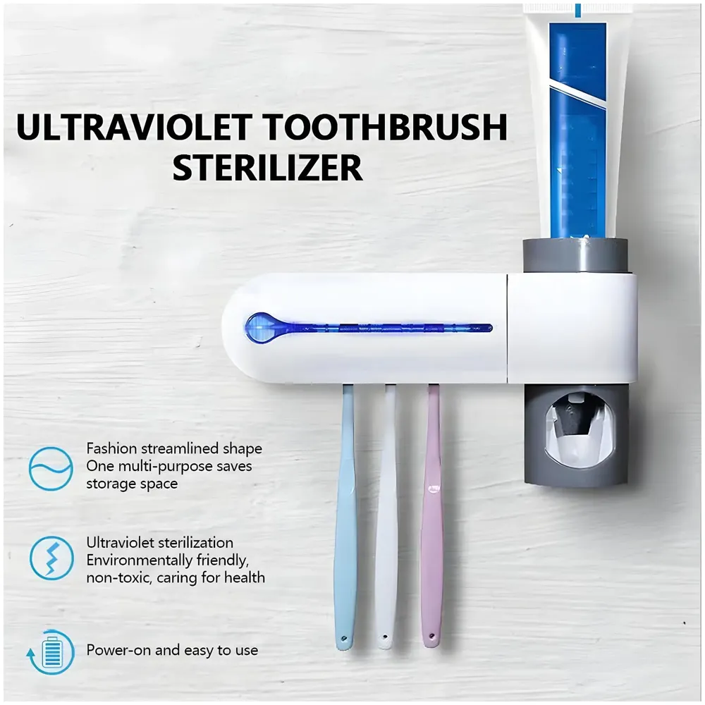 UV Sanitizer Toothbrush Holder And Squeezer Cleaner With UV Disinfectant And Fan Drying Storage Set, 4 Toothbrush Slots, Plug In USB Bathroom Wall Mounted Fit Automatic And Manual Toothbrushes