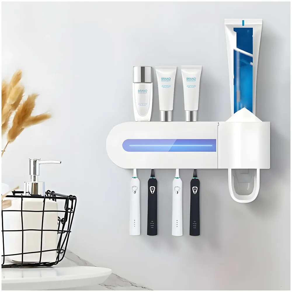 UV Sanitizer Toothbrush Holder And Squeezer Cleaner With UV Disinfectant And Fan Drying Storage Set, 4 Toothbrush Slots, Plug In USB Bathroom Wall Mounted Fit Automatic And Manual Toothbrushes